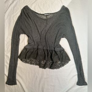 Sheer Knit and Crochet Flare Long Sleeve Dark Grey Top American Eagle